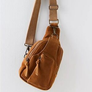 Free People Hudson Sling Bag Suede Whiskey Brown NWOT